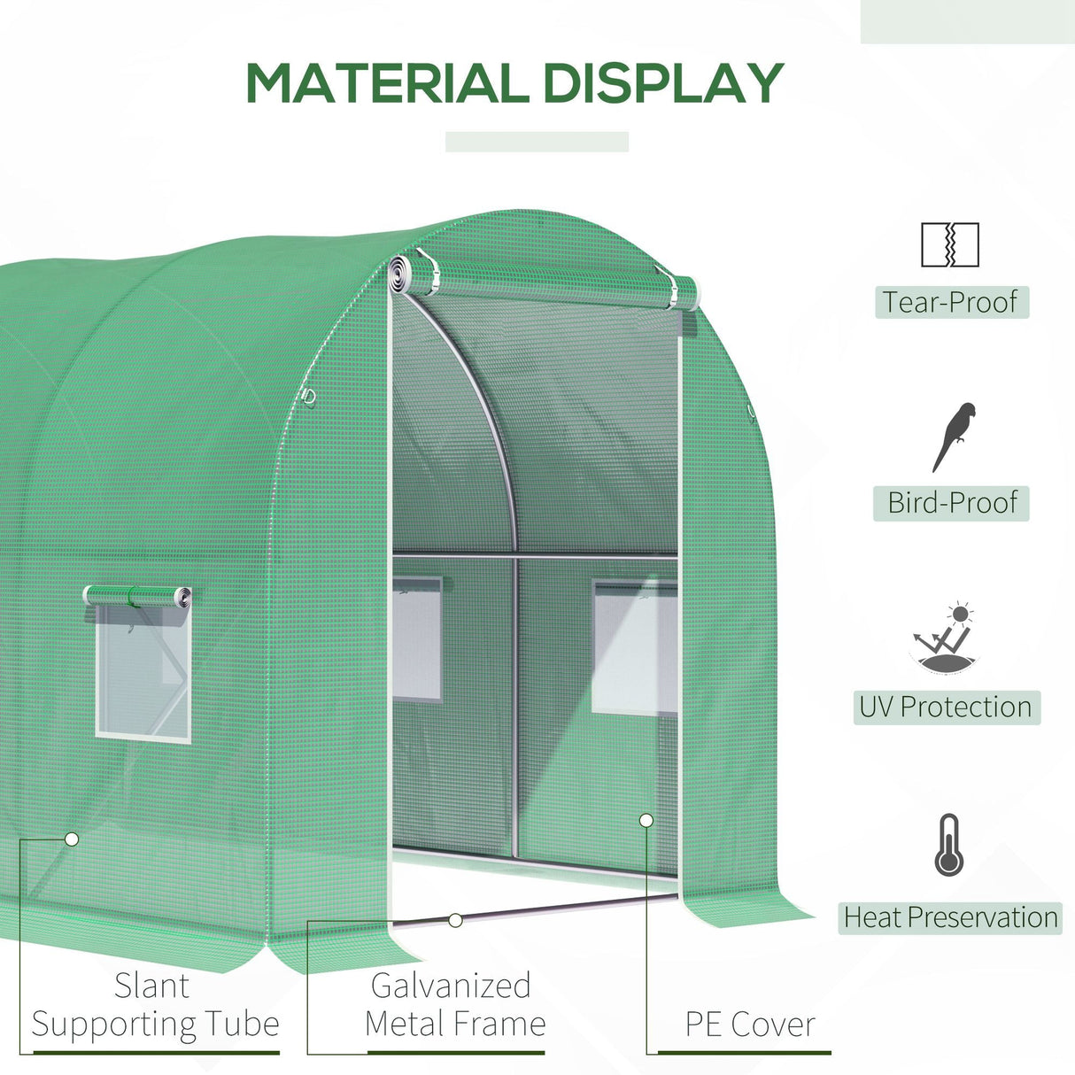 Walk-in Polytunnel Greenhouse with Zipped Roll-Up Door and 6 Mesh Windows, 3 x 2M