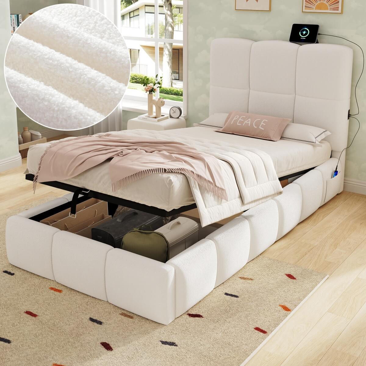 3ft Bouclé Upholstered Storage Bed - Single Hydraulic Bed with Headboard, Beige