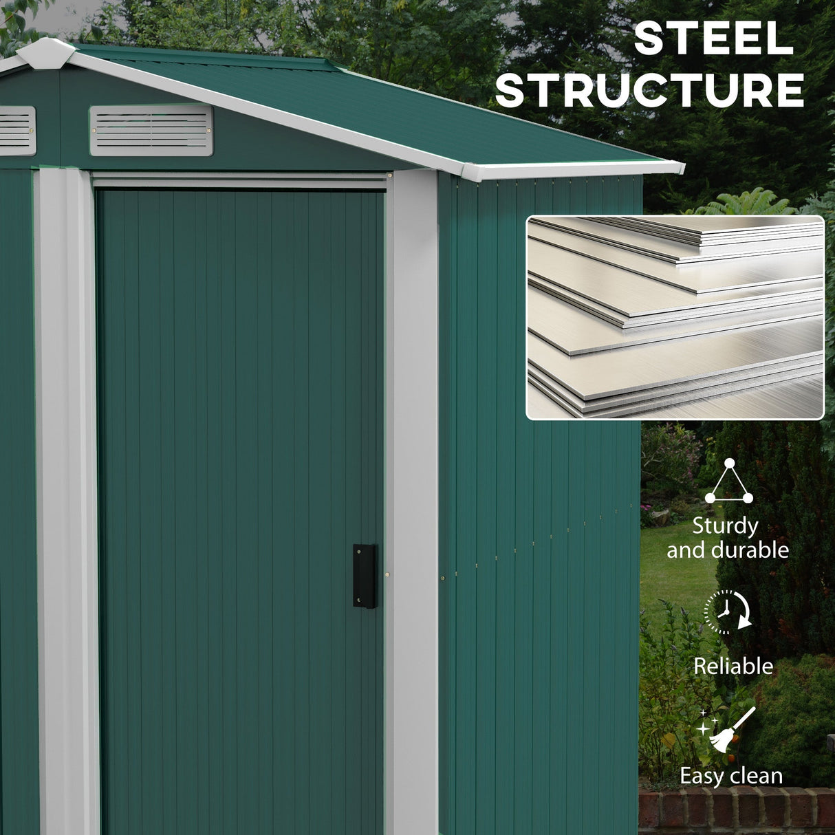 Garden Metal Tool Storage Shed with Sliding Door, Sloped Roof and Floor Foundation, Green