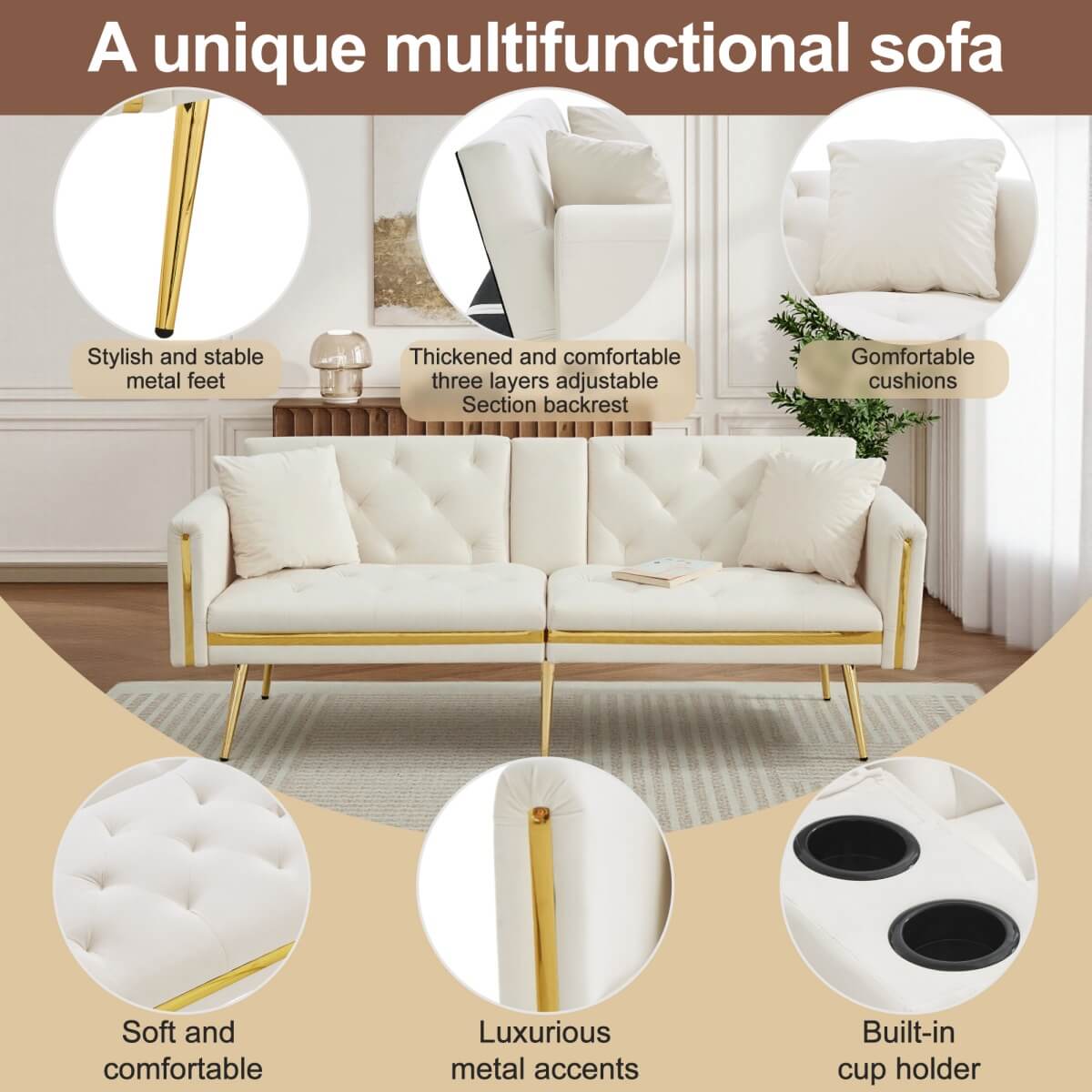 2-Seater Convertible Sofa Bed – Adjustable Backrest with Gold Accents and Built-in Cup Holders