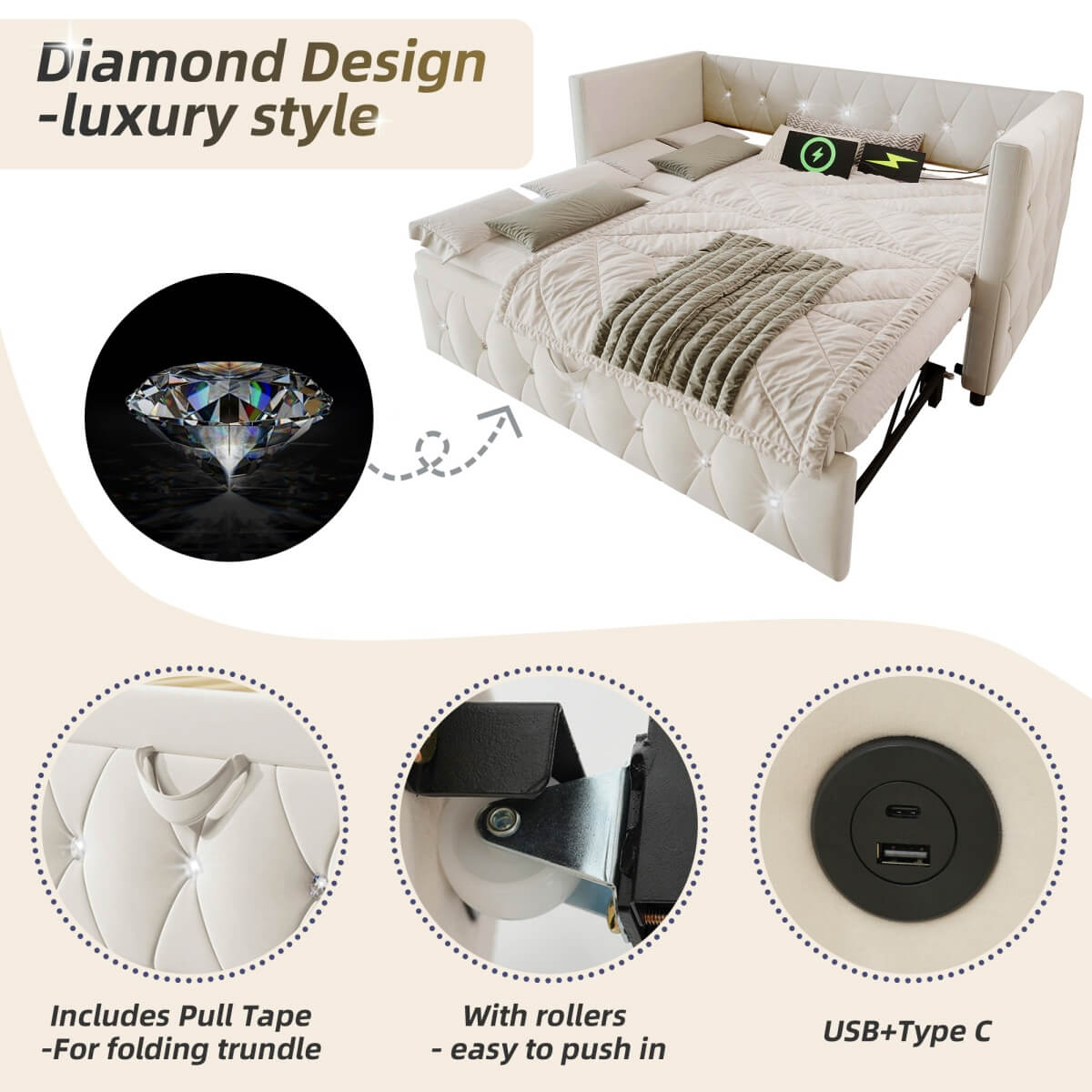 3ft Velvet Daybed with Trundle - Upholstered Sofa Bed with USB & Type-C Charging Ports, Beige
