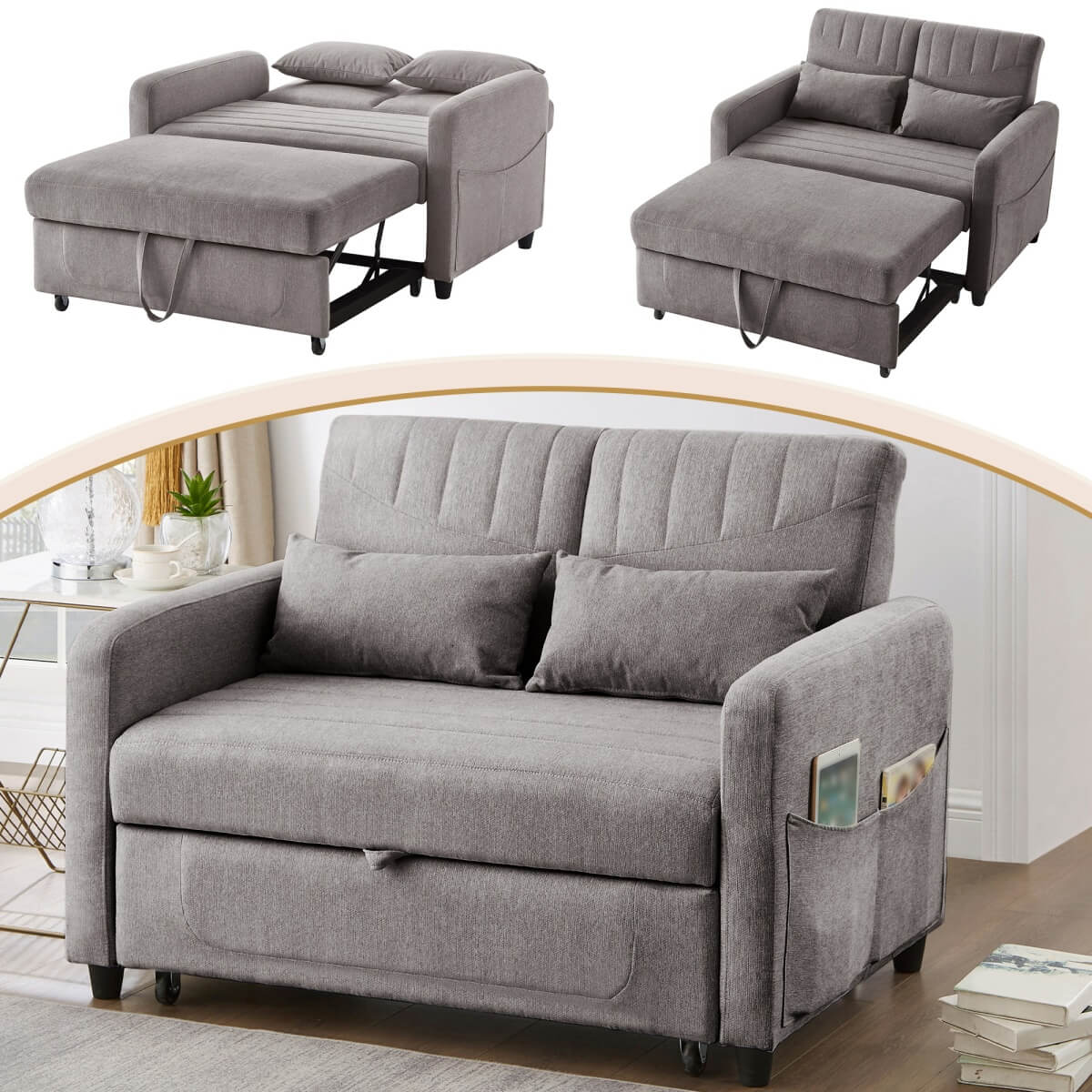 2 Seater Pull-Out Sofa Bed with Adjustable Backrest - Convertible Sleeper Sofa, Cotton Linen Fabric, Dark Gray