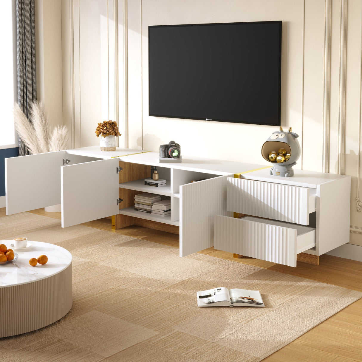 TV Cabinet 190 cm 3 Doors 2 Drawers, White Gold Wood Grain