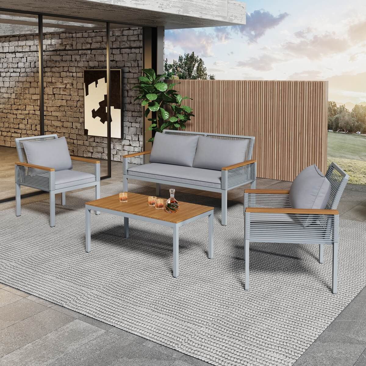 Garden Furniture Set with Cushions – Rattan Outdoor Lounge, Double Sofa, 2 Armchairs & Table