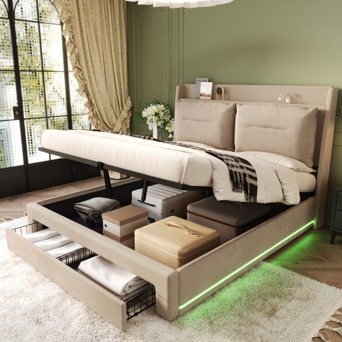 4ft6 Double Velvet Ottoman Bed - Upholstered Storage Bed with LED Lighting & End Drawers, Beige