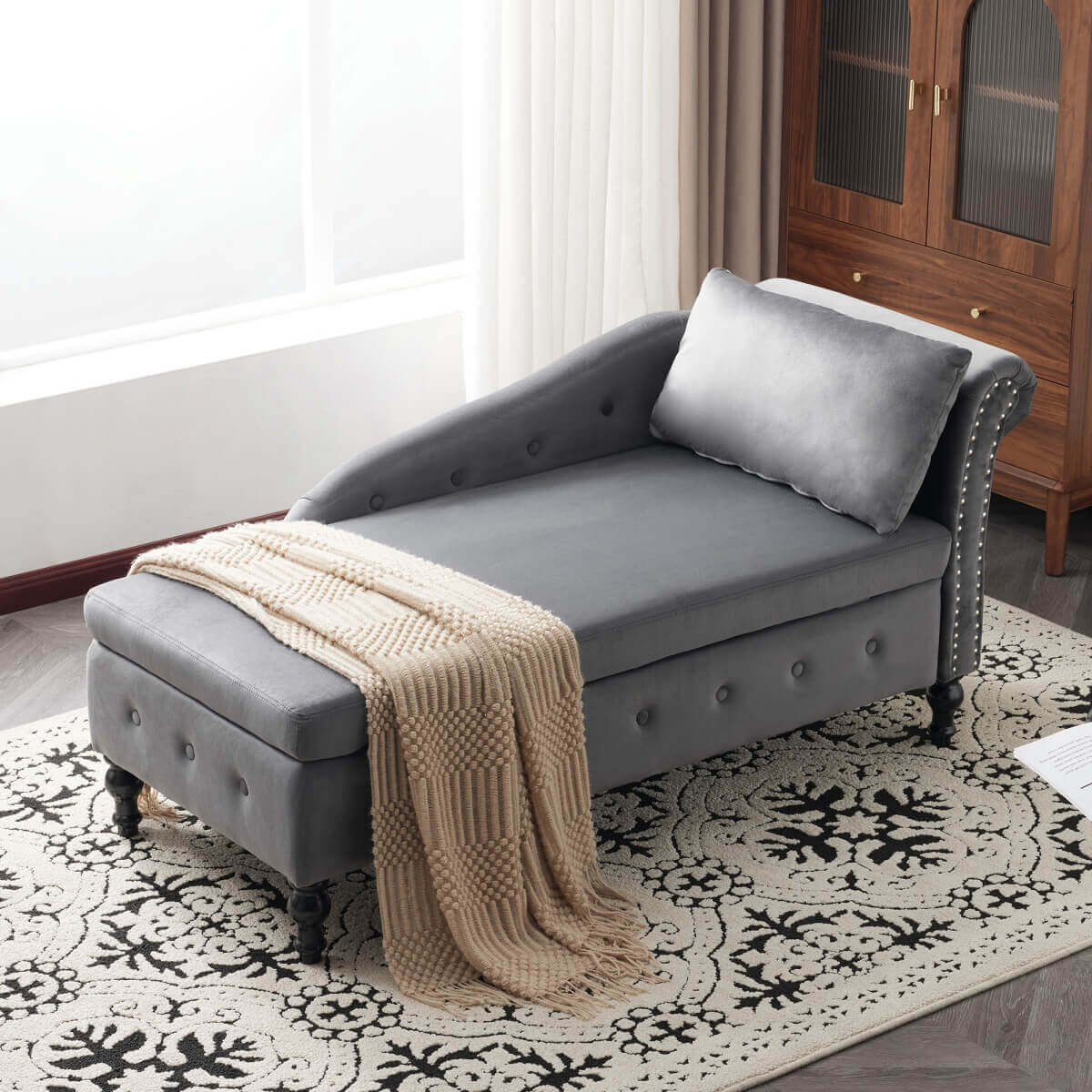 Velvet Chaise Lounge with Storage - Upholstered Right Hand Chaise Sofa, Button Tufted