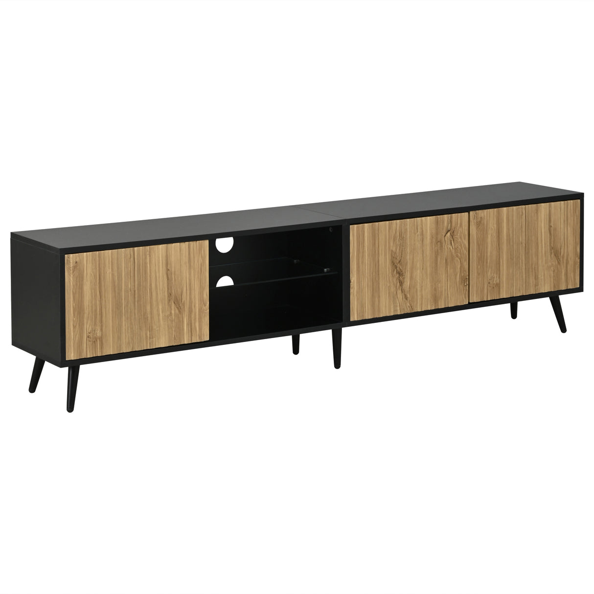 Mid-Century Modern LED TV Stand, Lowboard,TV Cabinet with LED Light, TV Unit, Modern Industrial Entertainment Center, 175cm Black Media Console Low Storage Cabinet for Living Room
