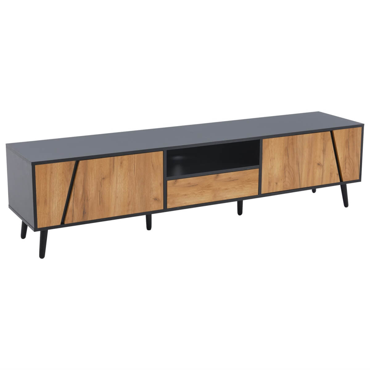 Wood & Black TV Stand Cabinet – 1 Drawer, 2 Doors, Entertainment Console for Living Room, Fits Up to 75" TV