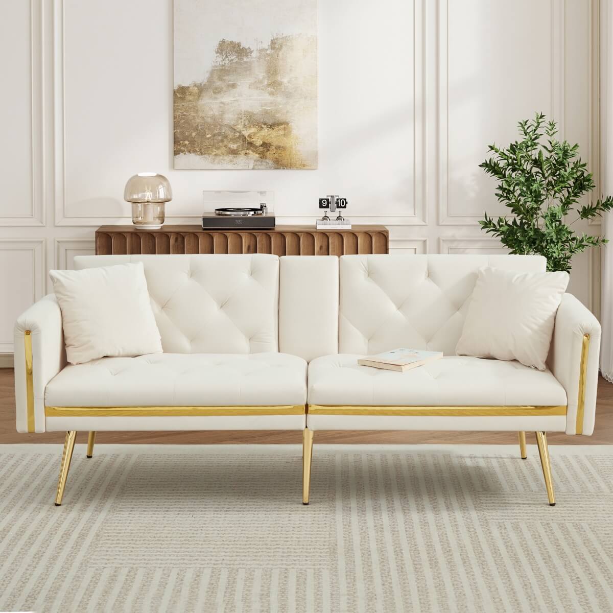 2-Seater Convertible Sofa Bed – Adjustable Backrest with Gold Accents and Built-in Cup Holders
