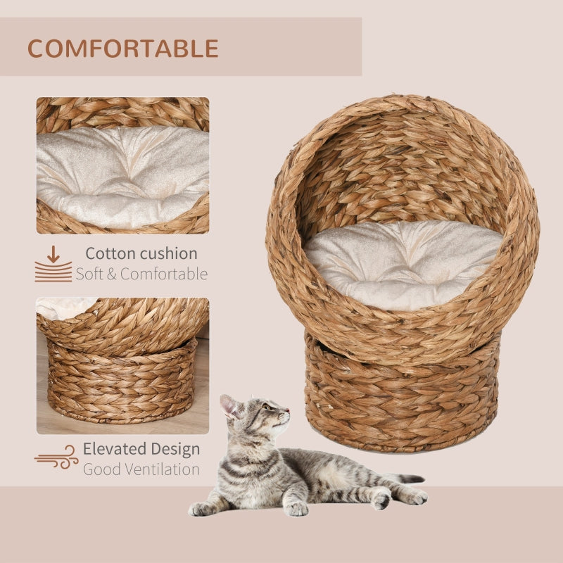 Wicker Cat Bed, Raised Rattan Basket with Washable Cushion - Brown