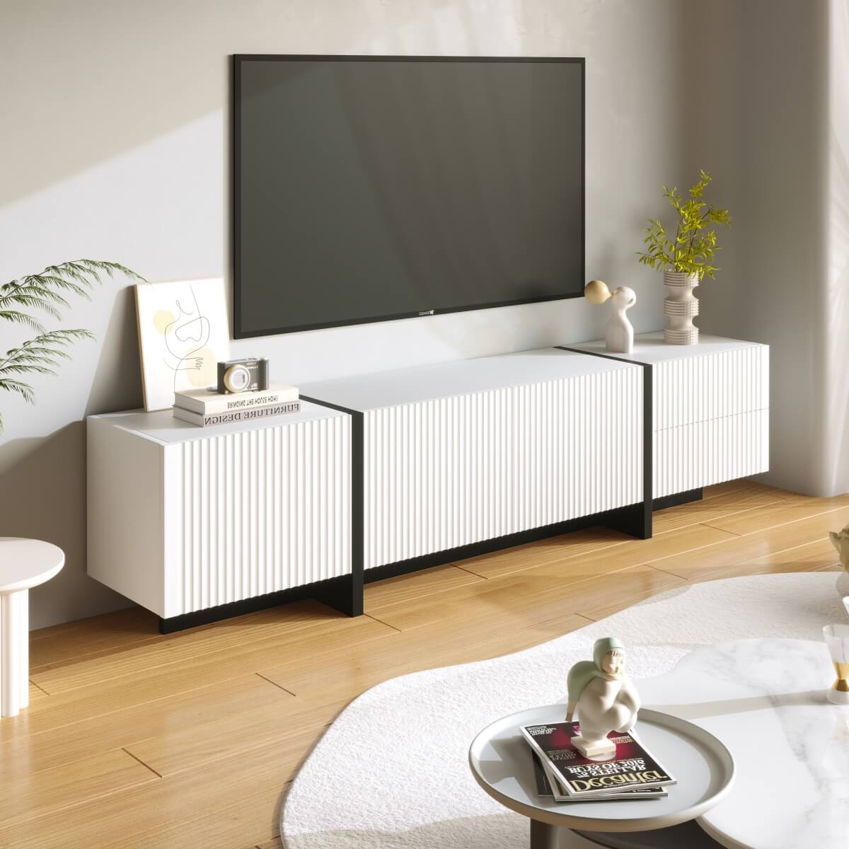 Modern Black and White TV Unit – 190cm TV Stand with 3 Doors and 2 Drawers