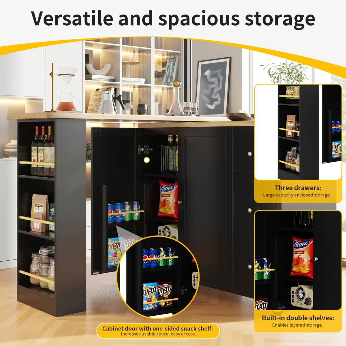 360° Rotating Kitchen Island - Extendable Bar Table with 3 Drawers, Snack Rack & Castors, Multifunctional Storage Cabinet, Black