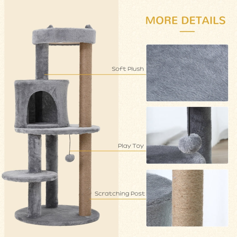Cat Tree 104 cm, Condo Tower Activity Centre with Scratching Posts, Plush Perch, Hanging Ball - Grey