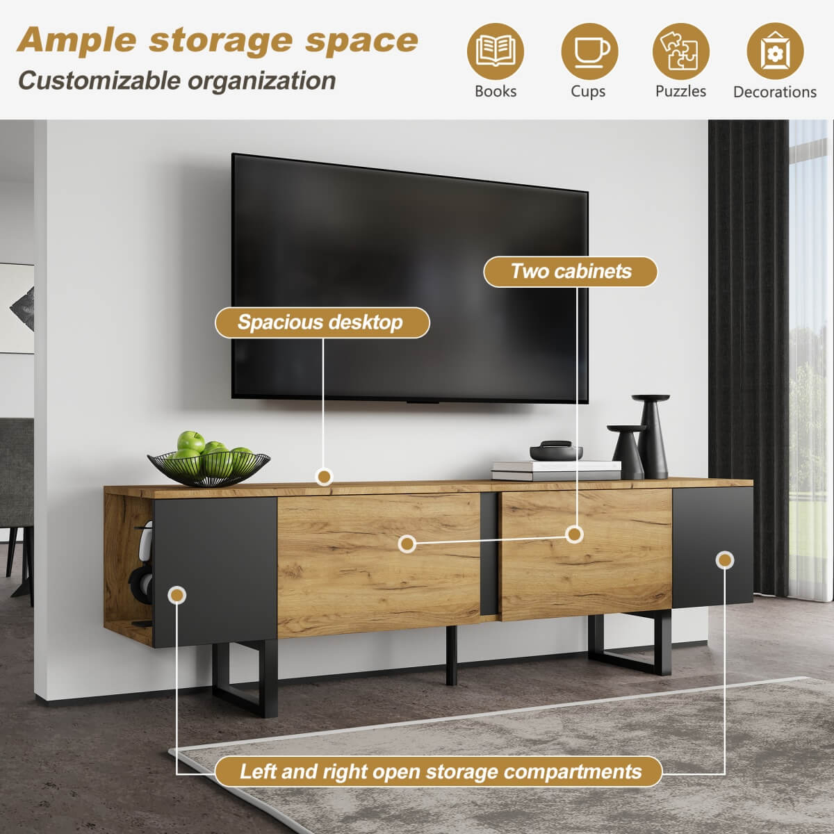 TV Unit - 2 Cabinets and Open Storage, Fits up to 75 Inch TV, Wood and Black