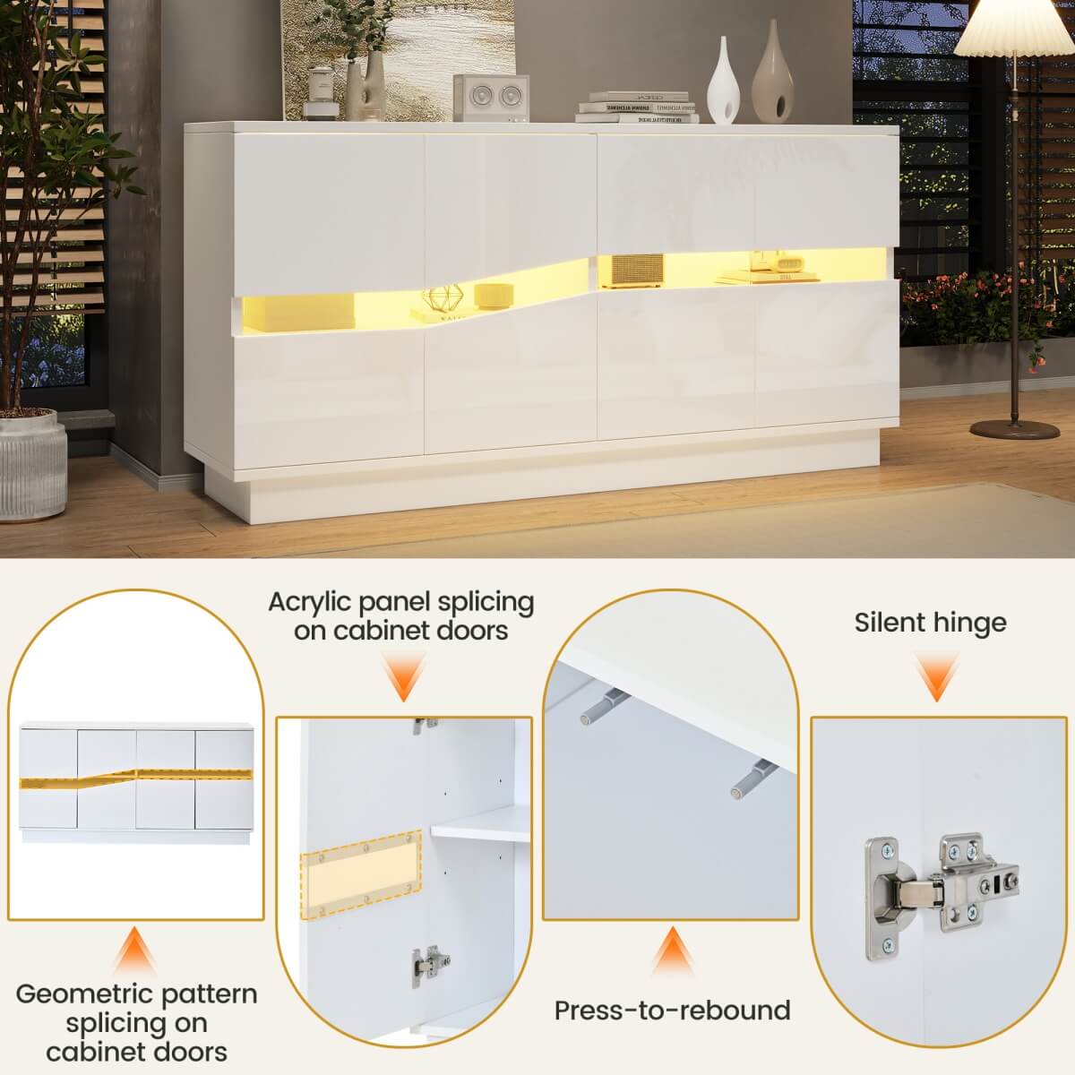 High Gloss White Sideboard with LED Lights - Modern Freestanding Storage Cabinet with 2 Adjustable Shelves and 4 Storage Compartments for Dining and Living Room