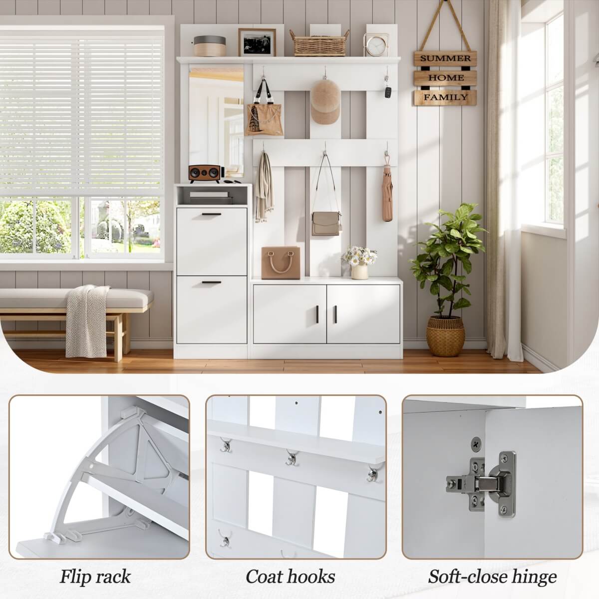 Modern White Hall Tree Entryway Set with Mirror - Freestanding Coat Rack and Shoe Storage Cabinet with 6 Hooks and Shoe Bench