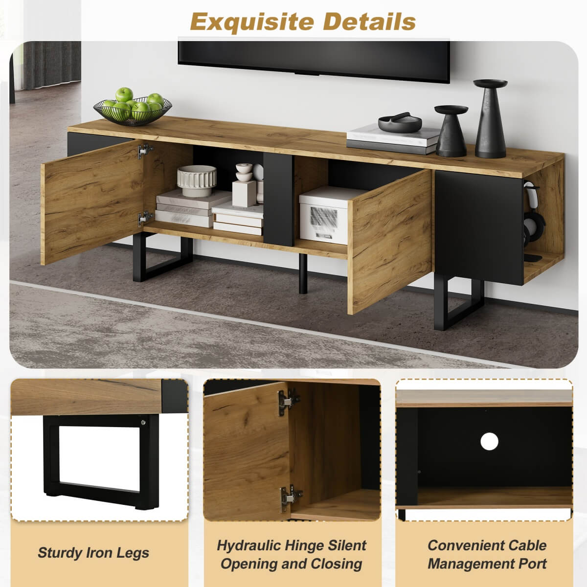 TV Unit - 2 Cabinets and Open Storage, Fits up to 75 Inch TV, Wood and Black