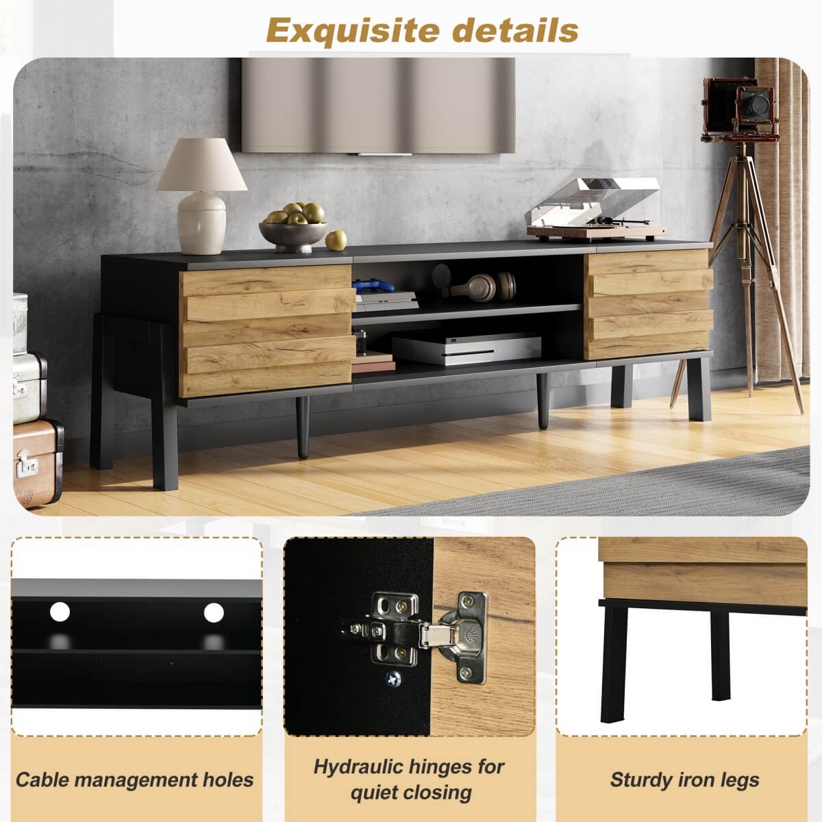 TV Unit with Storage – 2 Cabinets & Open Shelves, Natural Wood & Black
