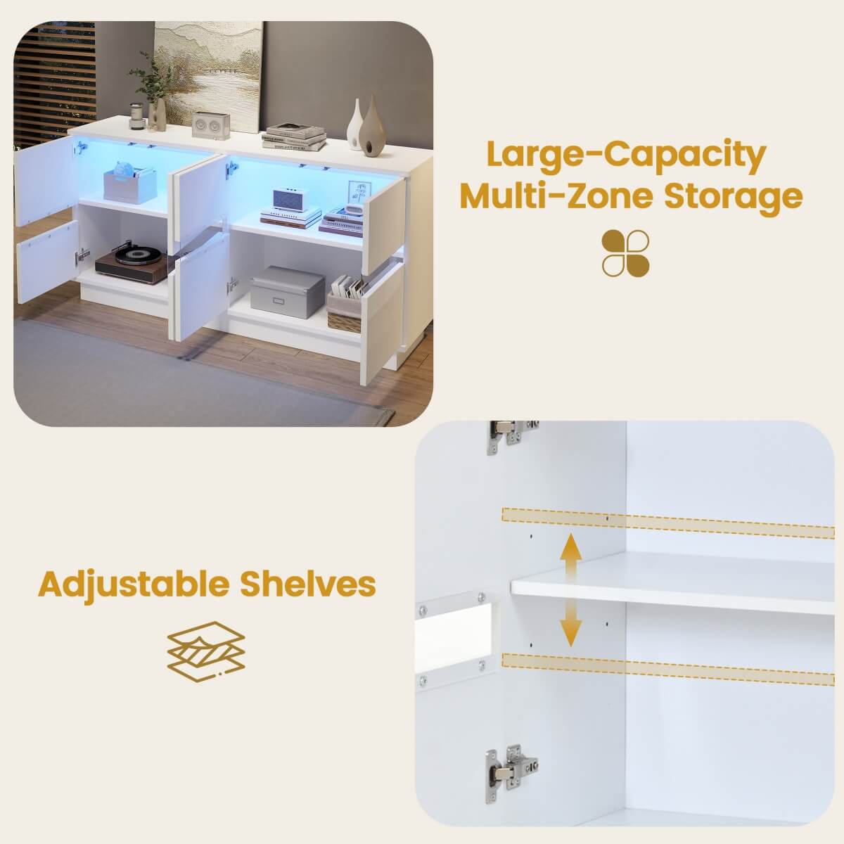 High Gloss White Sideboard with LED Lights - Modern Freestanding Storage Cabinet with 2 Adjustable Shelves and 4 Storage Compartments for Dining and Living Room