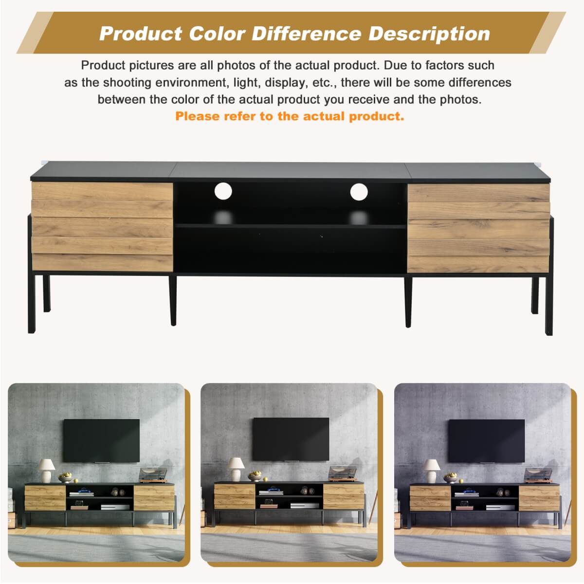 TV Unit with Storage – 2 Cabinets & Open Shelves, Natural Wood & Black