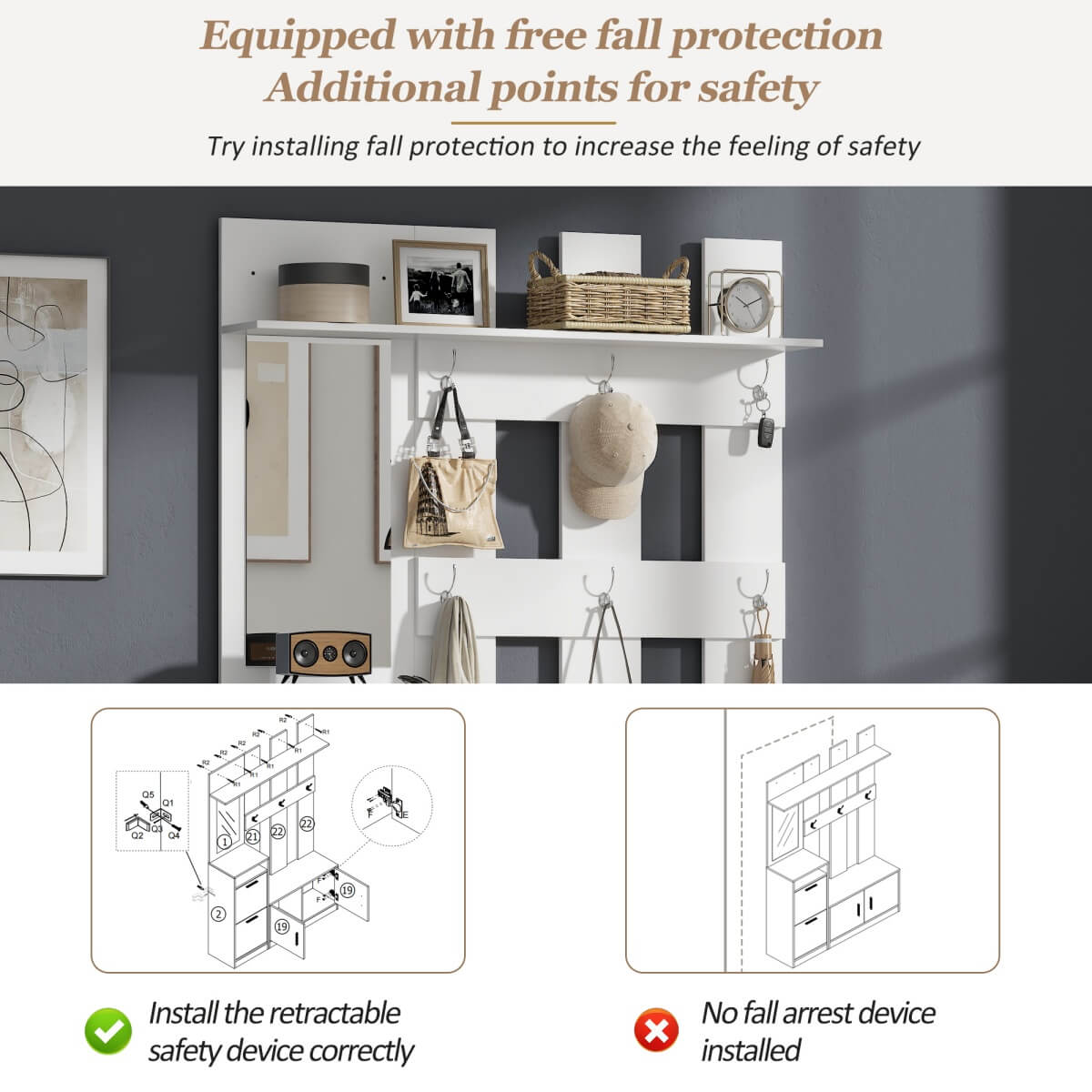 Modern White Hall Tree Entryway Set with Mirror - Freestanding Coat Rack and Shoe Storage Cabinet with 6 Hooks and Shoe Bench