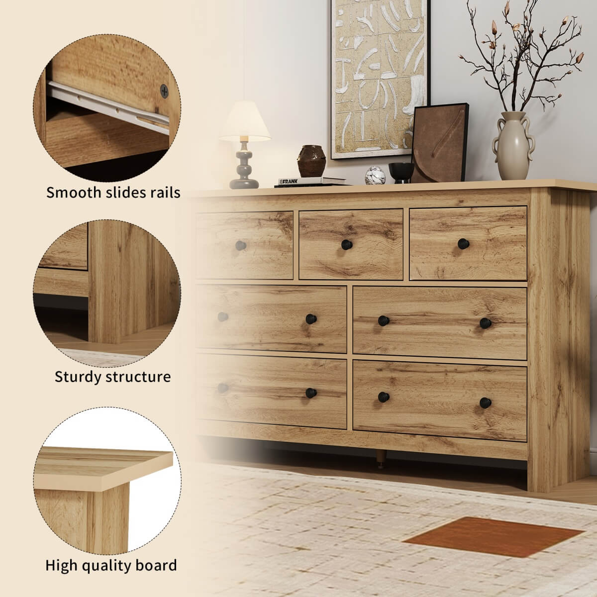 Modern Vintage Storage Sideboard with 7 Drawers - Multi-Room Cabinet, Wood Color