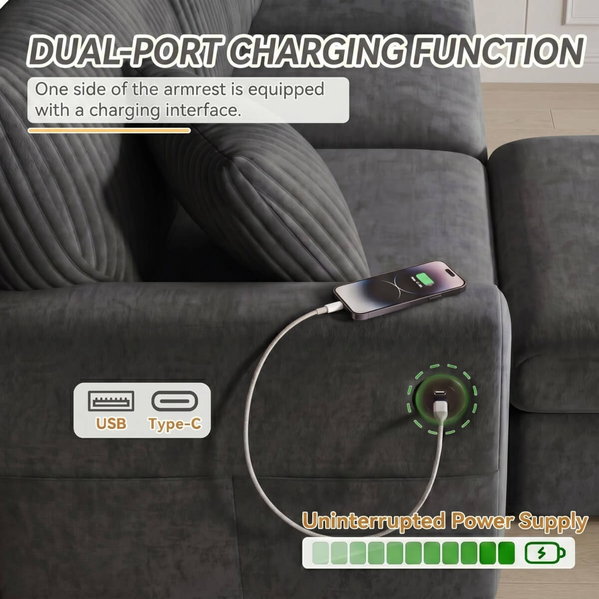 3-4 Seater Modern Sofa with Footstool - USB and Type-C Charging, Dark Grey