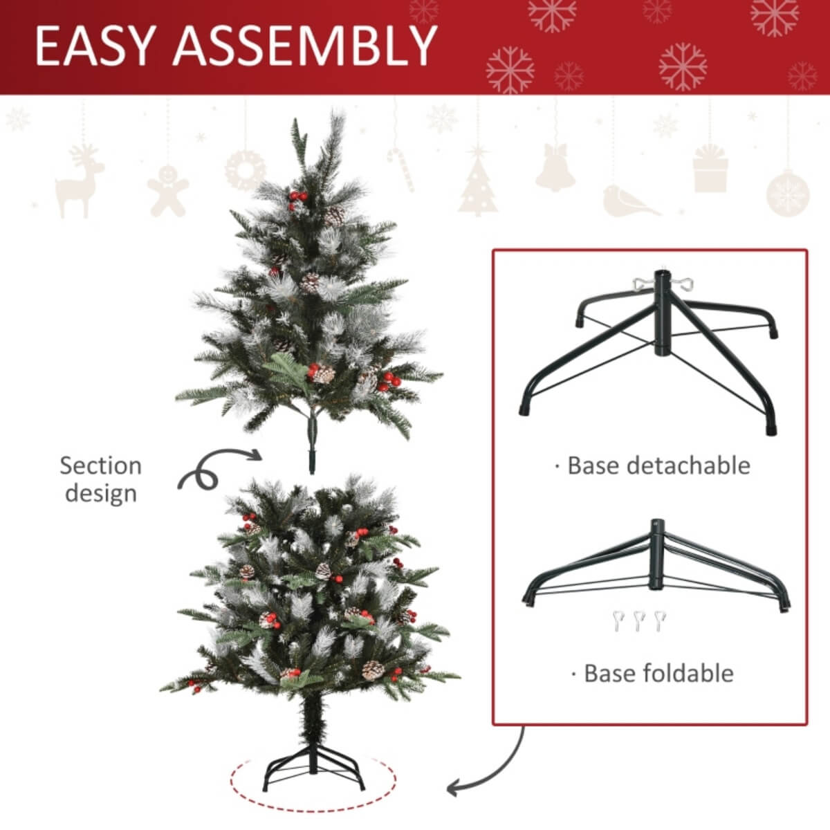 5ft Artificial Snow Dipped Christmas Tree – Pencil Style with Red Berries & White Pinecones, Foldable Feet for Easy Setup