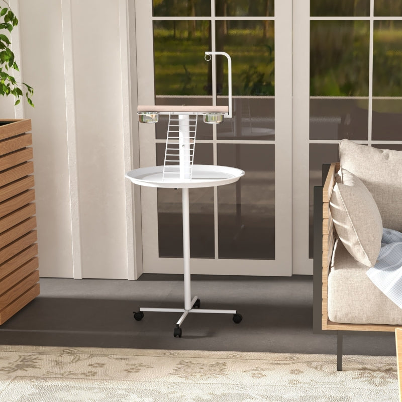 Bird Stand with Four Wheels, Perches, Stainless Steel Feed Bowls, Round Tray - White