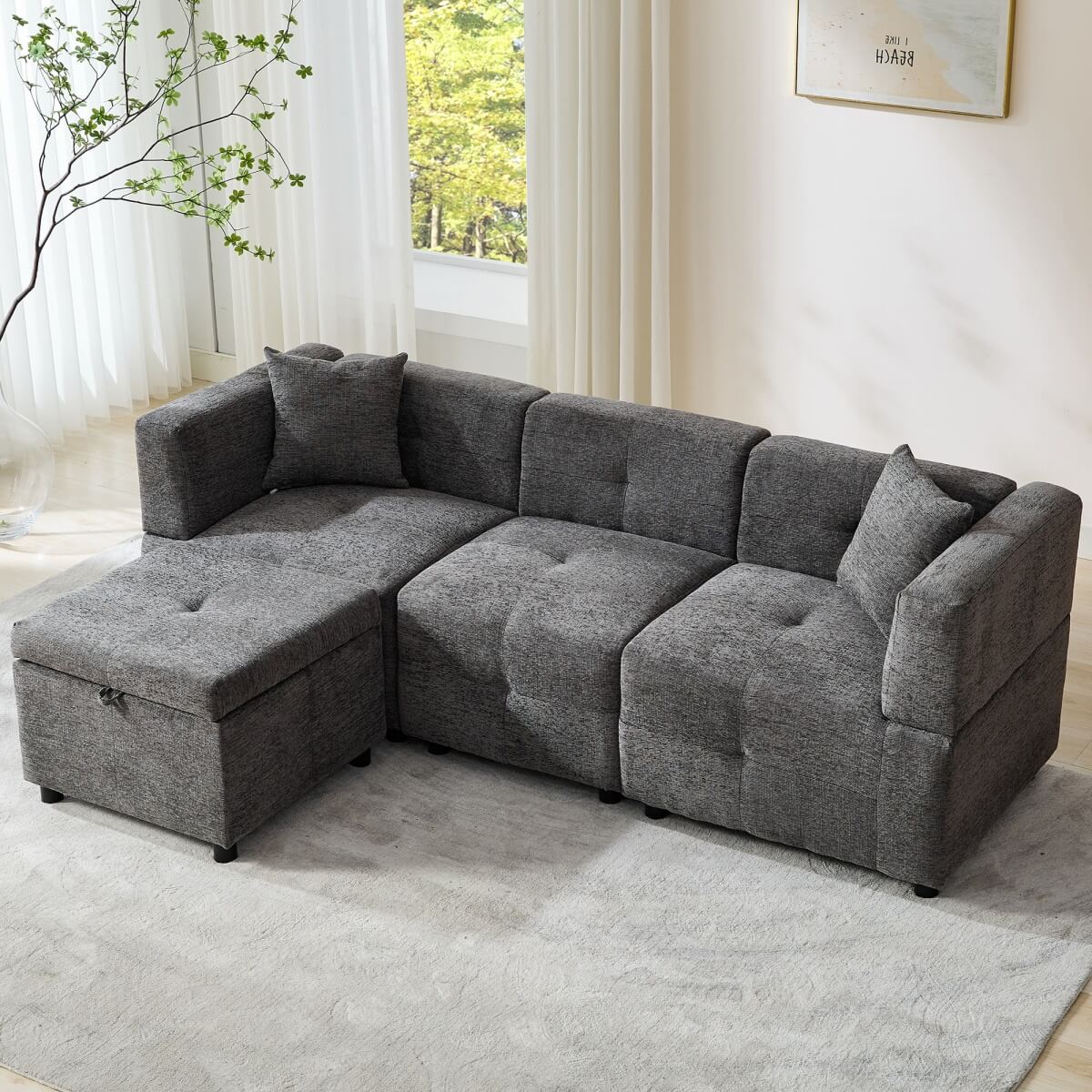L-Shaped Corner Sofa - 80" Fabric Sectional Sofa with Removable Storage Ottoman & 2 Cushions, Grey