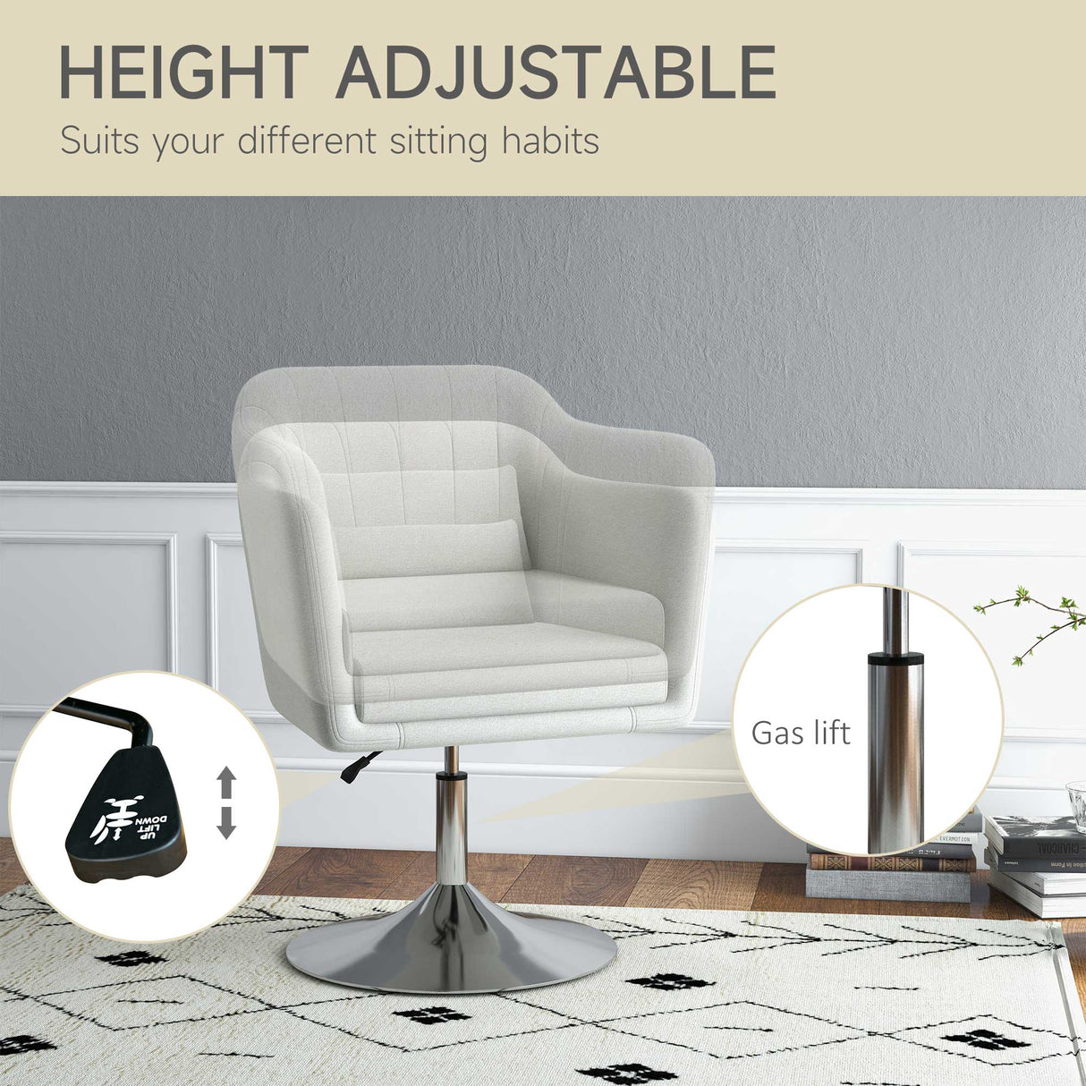 Modern Accent Chair with Swivel Base, Height Adjustable, Cream White