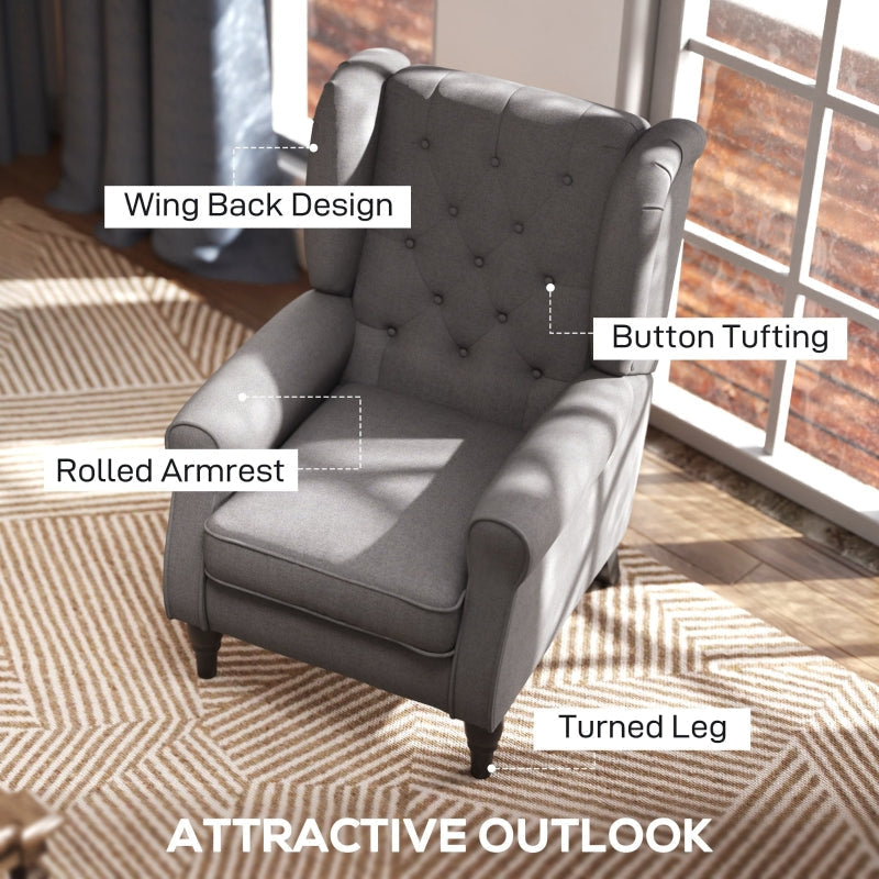 Retro Accent Chair, Wingback Armchair with Wood Frame, Dark Grey Linen