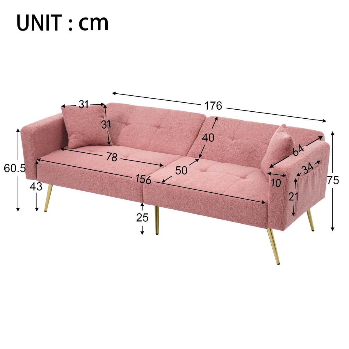 Modern Convertible Sofa Bed - Adjustable Recliner Sofa with Gold Legs and Side Storage Pockets, Pink