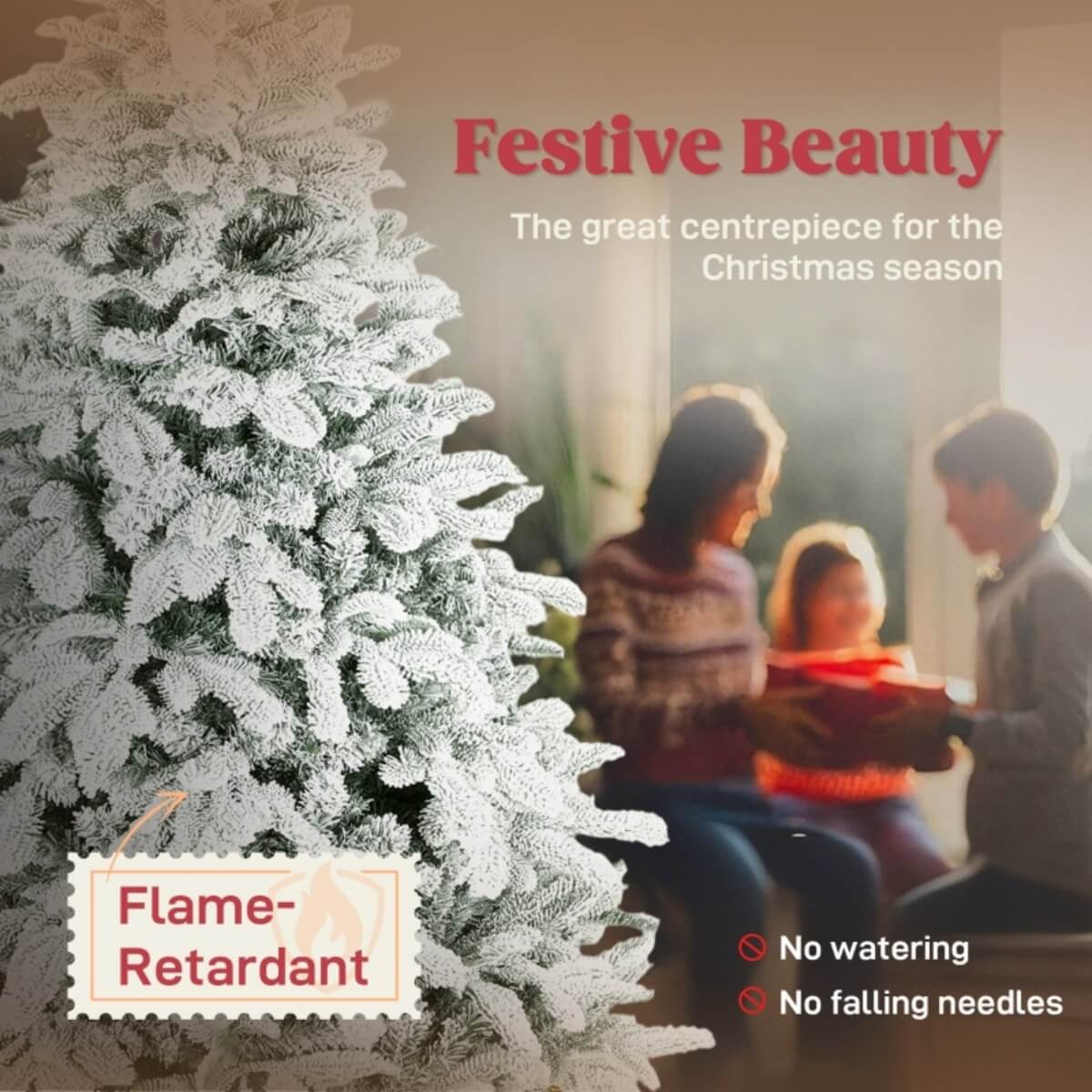 6FT Artificial Flocked Christmas Tree - Full PVC Branches, Hinged Design, Foldable Metal Stand, Easy Assembly