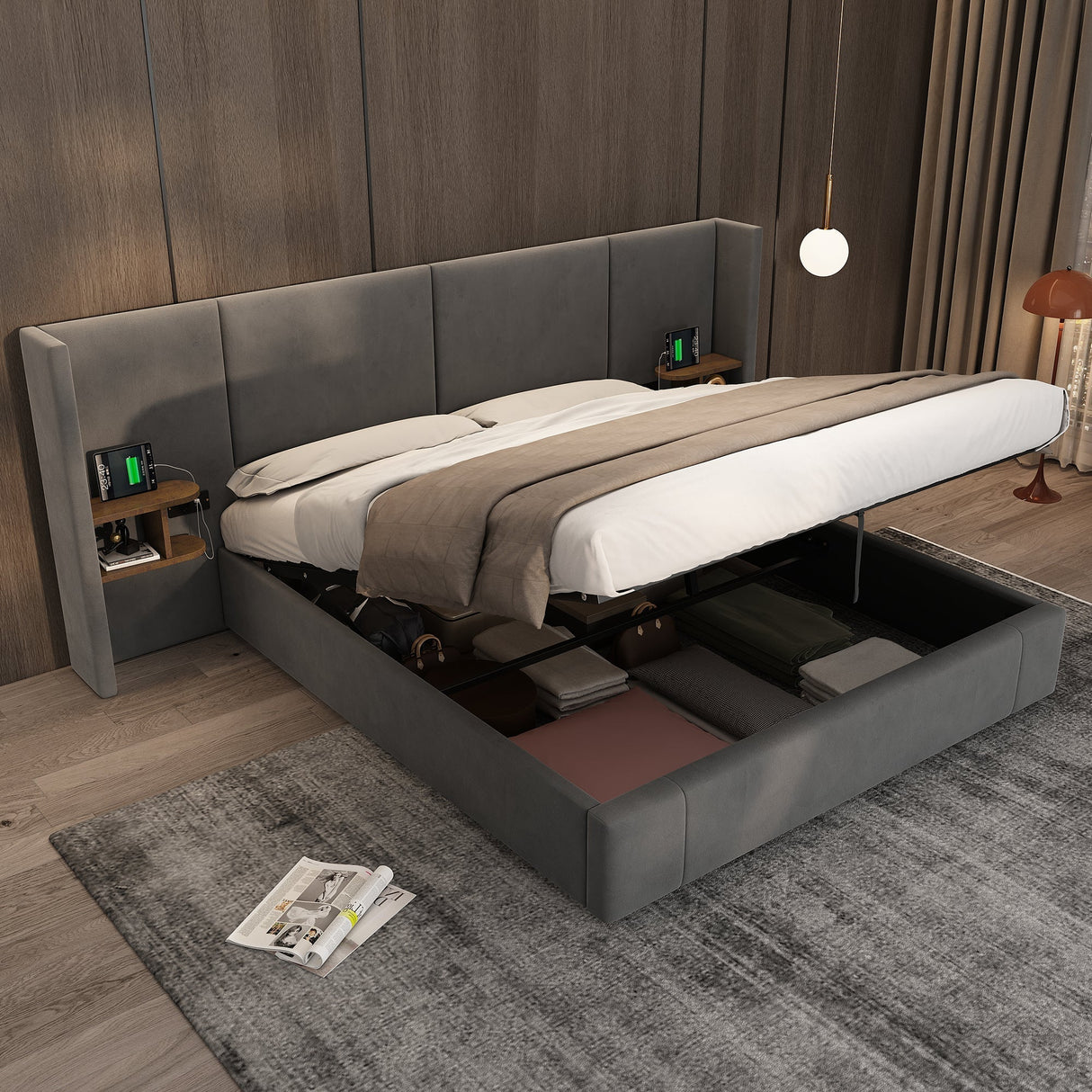Upholstered King Size 5ft (150*200cm) Ottoman Lift Up Bed Frame with USB, Sockets & Bedside Tables, Velvet Grey