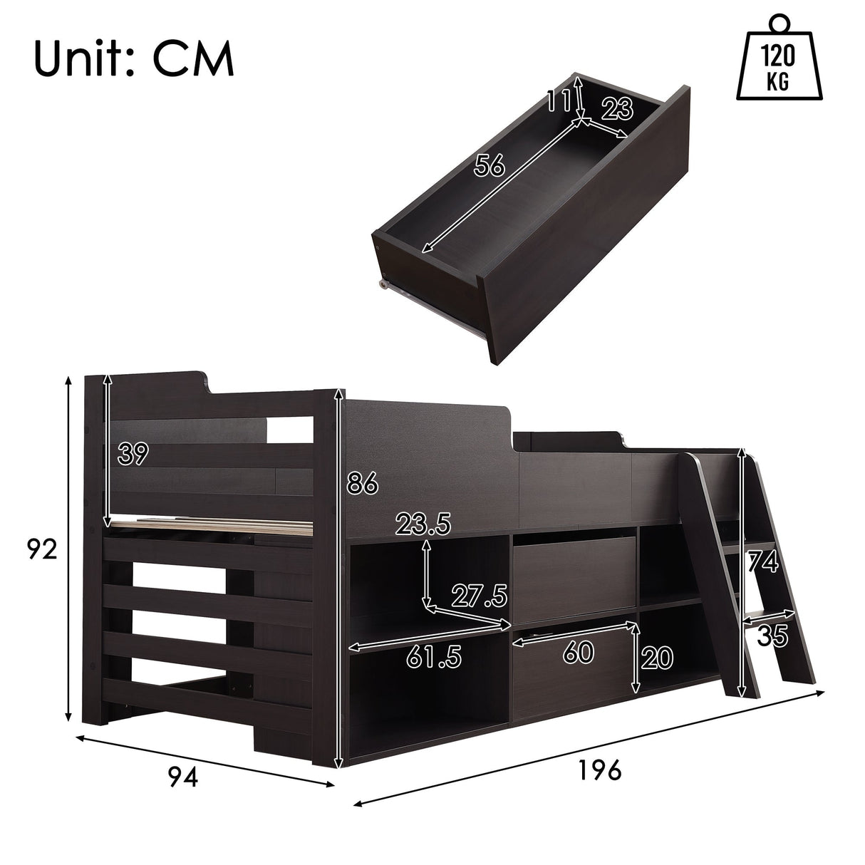 Cabin Bed Mid Sleeper with Drawers & Shelf Storage, 3ft Single Wooden Frame