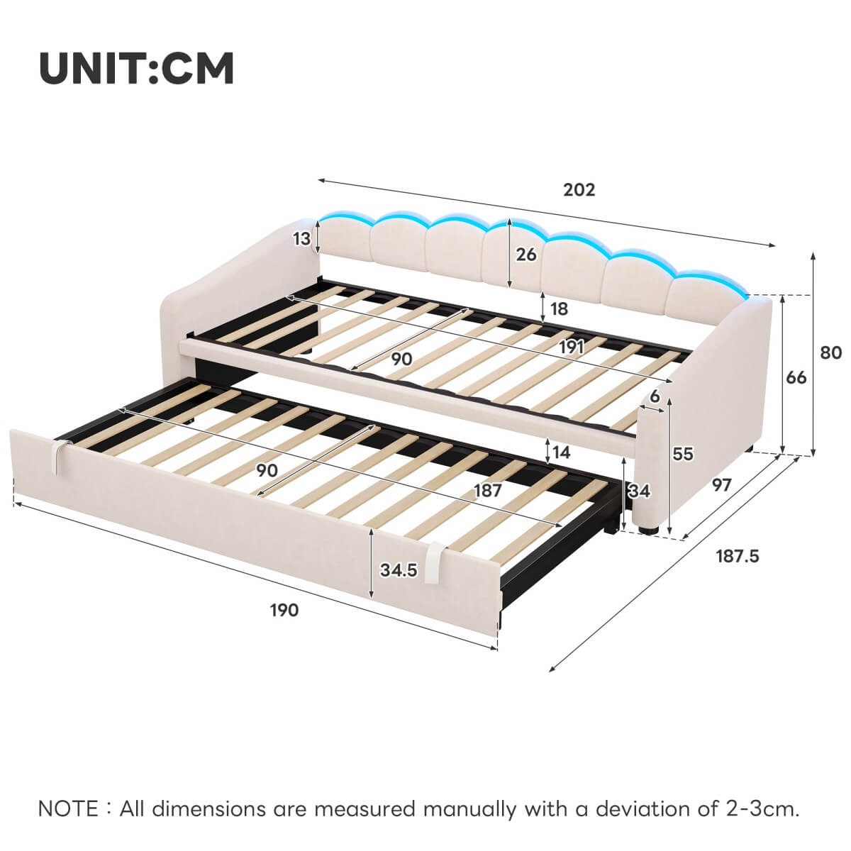 3ft Velvet Daybed with Trundle - Upholstered Sofa Bed with RGB LED Lights, Beige