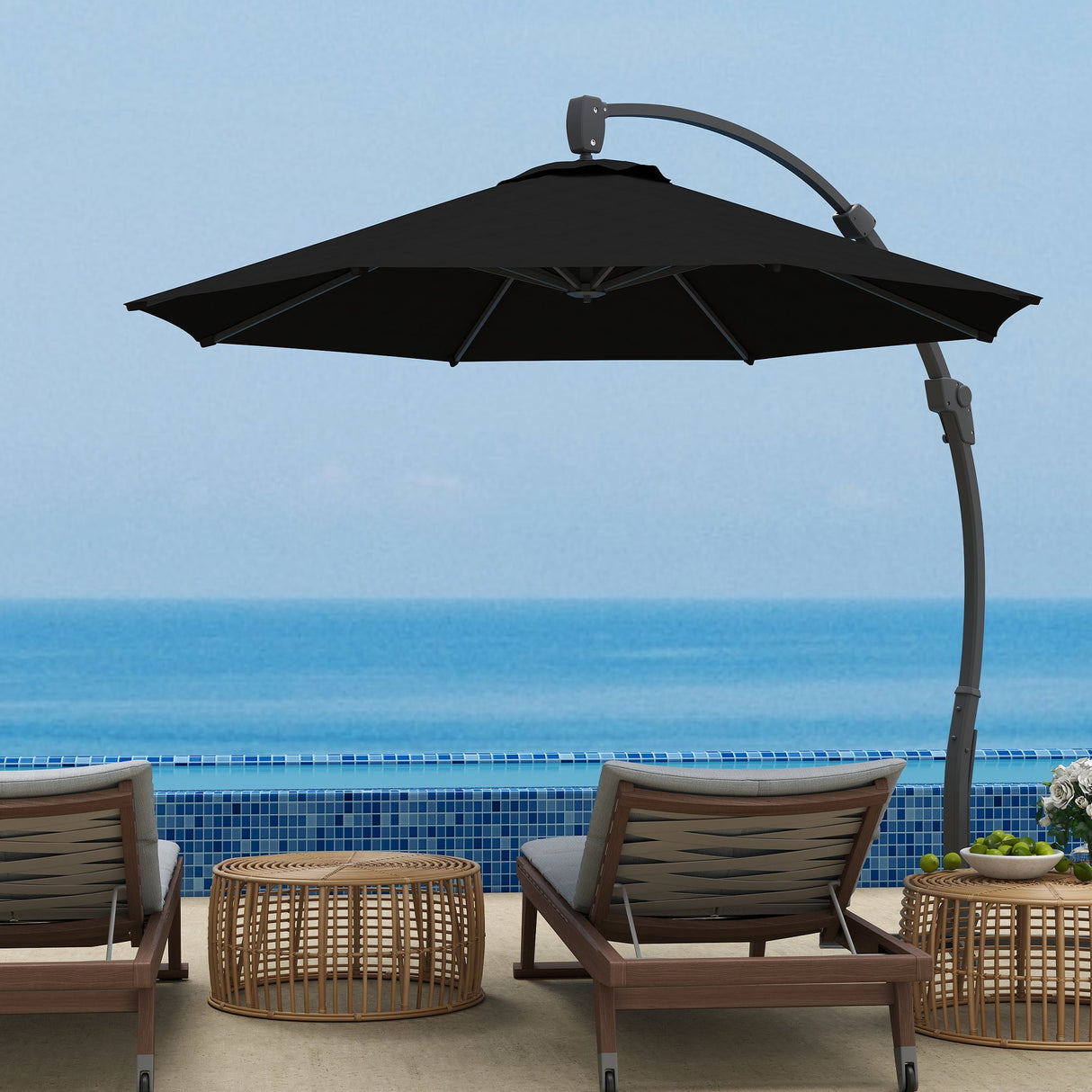 Garden Cantilever Parasol, 3m Round Overhanging Umbrella with Crank Handle, Black