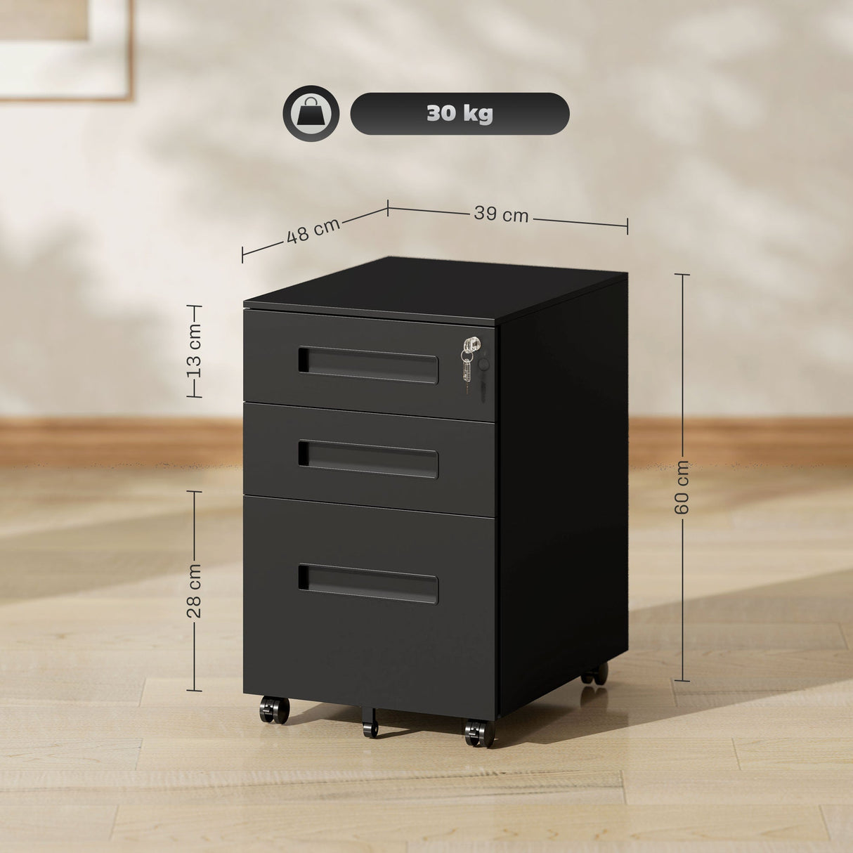 Vinsetto Three-Drawer Filing Cabinet - Steel, Black