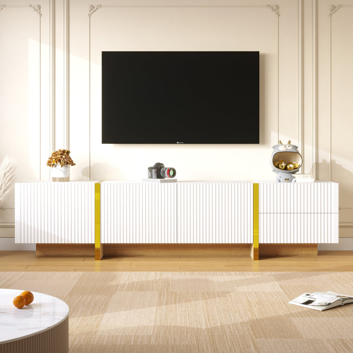 TV Cabinet 190 cm 3 Doors 2 Drawers, White Gold Wood Grain