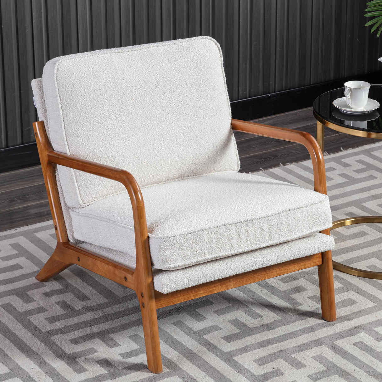 GOMYWAY Accent Chair Mid-Century Modern Armchair, Beige Solid Wood Frame