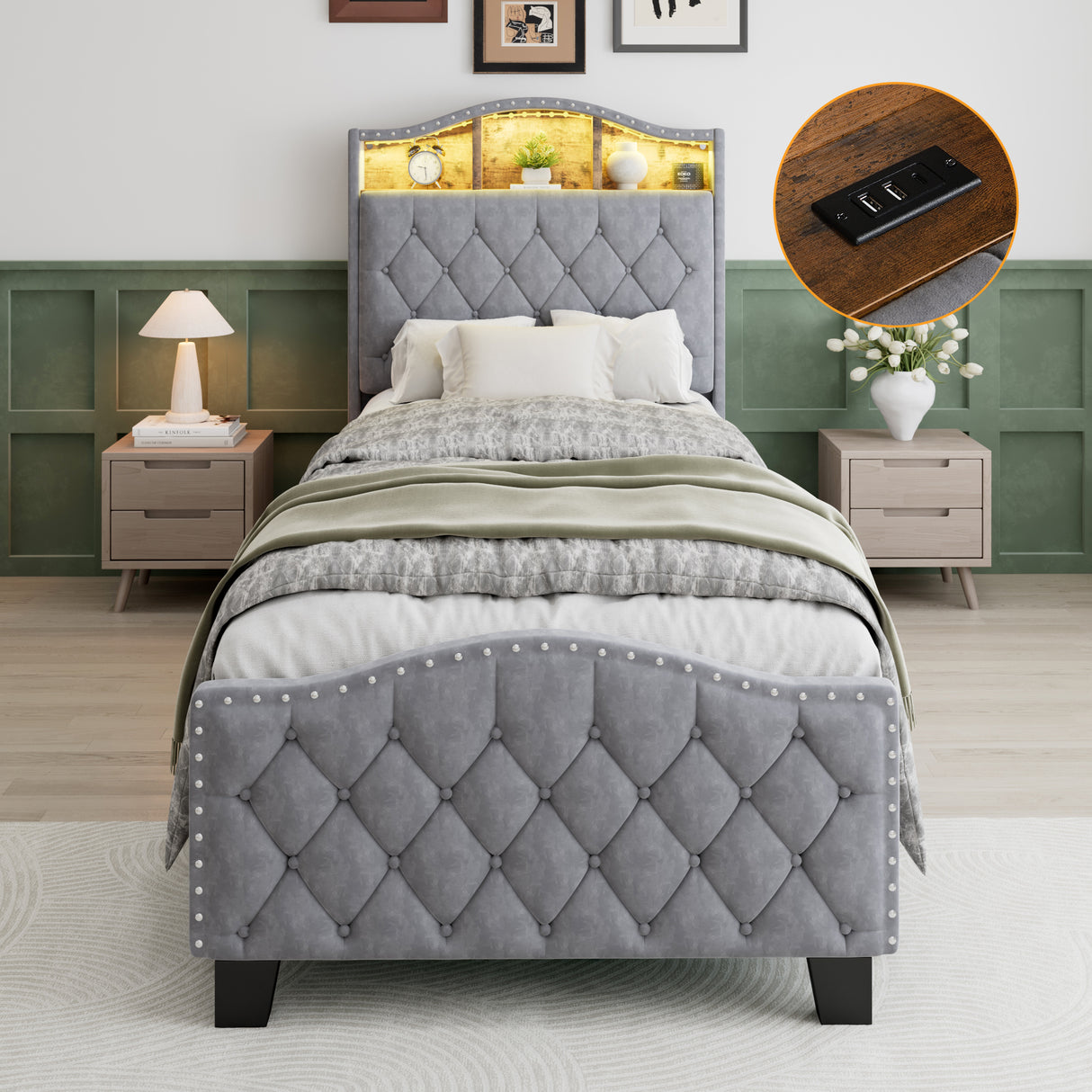 Upholstered Bed, 3FT single bed 90x190cm, Storage Bed, Soft backrest,With bed slats, With LED light strip,For adults & teenagers, Velvet, Grey