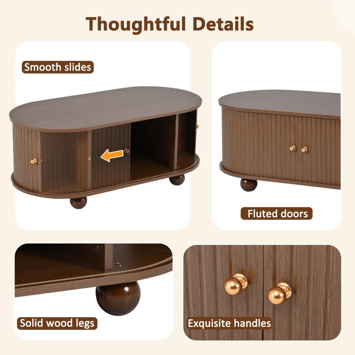 Oval Coffee Table – Oak MDF with 2 Sliding Doors, Hidden Storage Compartment