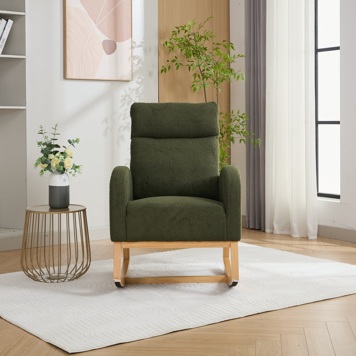 Mid Century Modern Teddy Fabric Upholstered Rocking Chair Padded Seat For Living Room Bedroom, Green