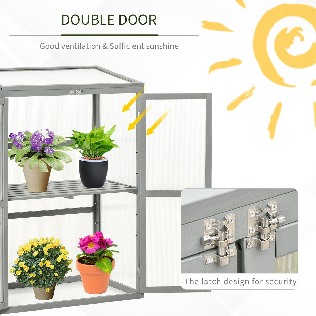 Wooden Cold Frame Greenhouse with Adjustable Shelf and Double Doors, Light Grey