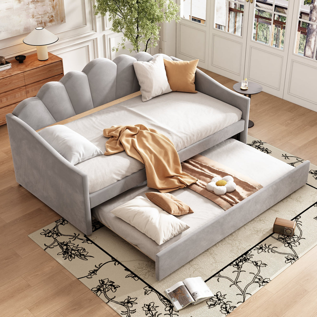 Upholstered Bed, 3FT Single with Trundle, Daybed Sofa for Adults & Teenagers, Easy Assembly, Velvet, Grey