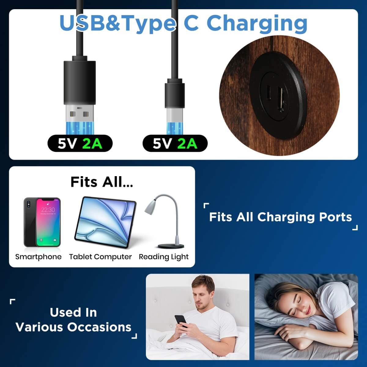 4ft6 Double Ottoman Bed Frame - Upholstered Storage Bed with Wireless Charging & USB C, Grey