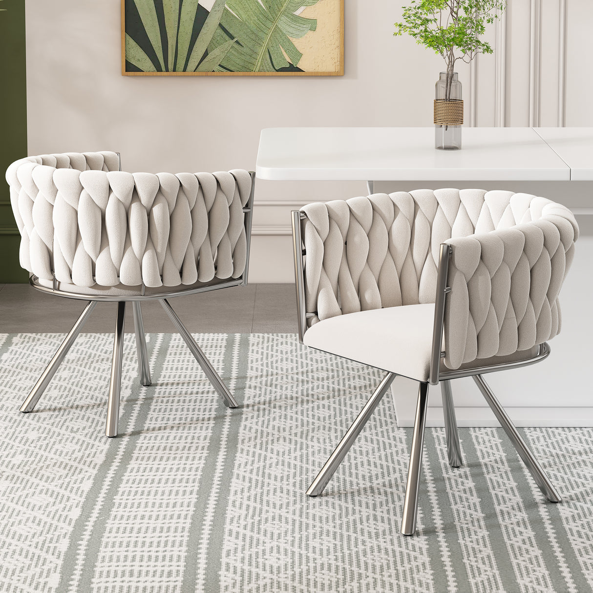 Set of 2, velvet dining chair, single light luxury living room bedroom swivel chair, Leisure swivel chair with four metal support legs, beige+silver