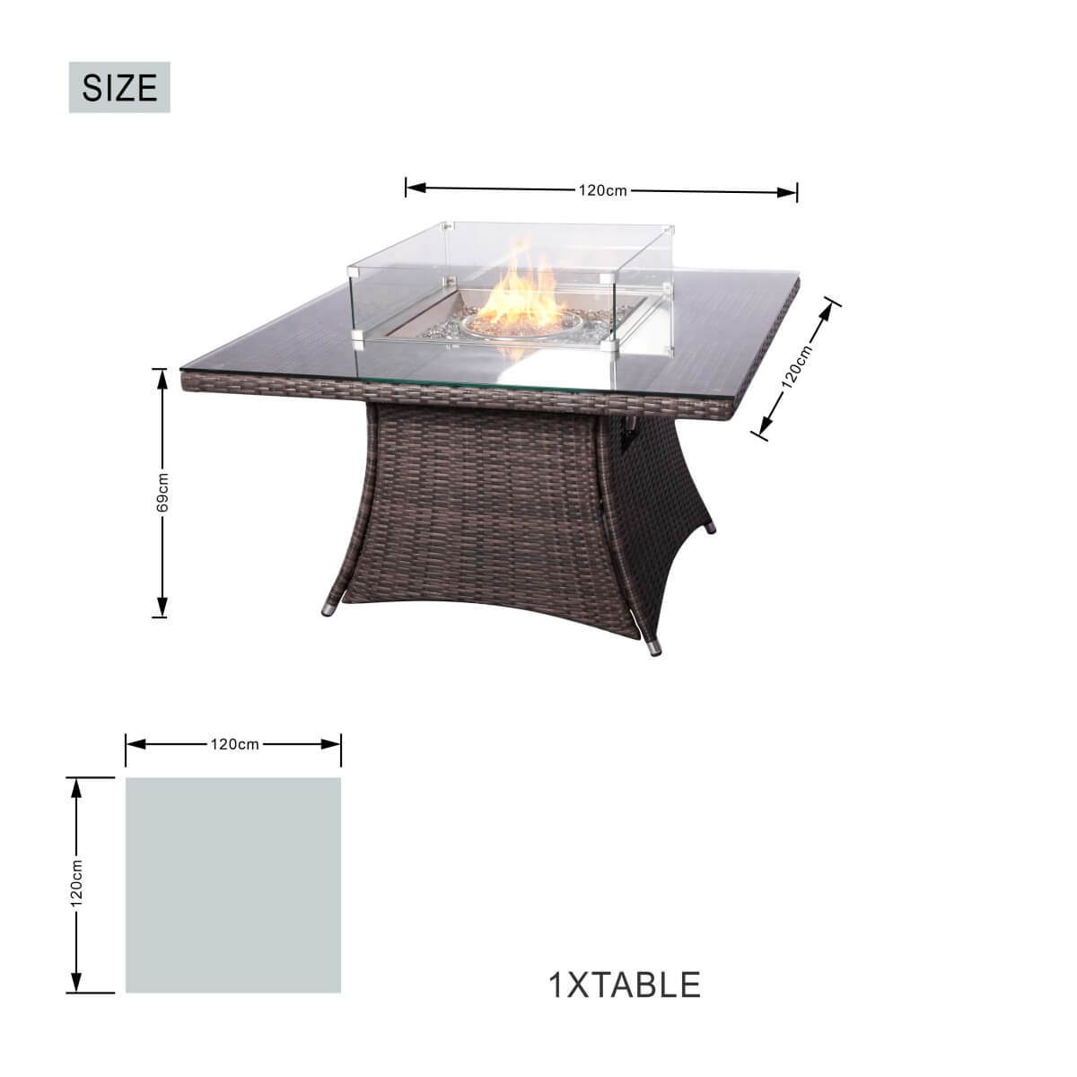 4-Seater Rattan Fire Pit Table Set - Square Gas Fire Pit Table with Wind Guard & Tempered Glass, Brown