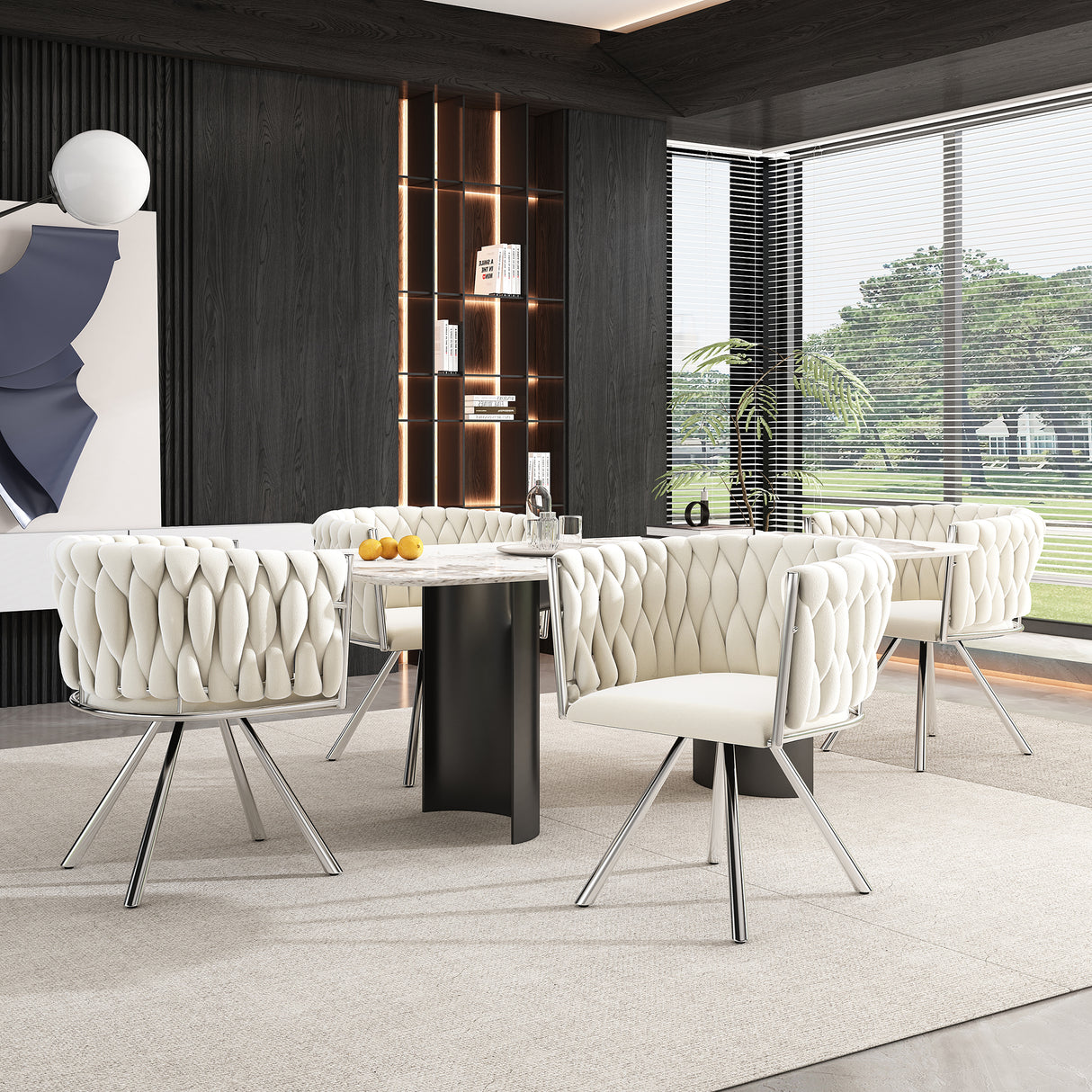 Set of 2, velvet dining chair, single light luxury living room bedroom swivel chair, Leisure swivel chair with four metal support legs, beige+silver